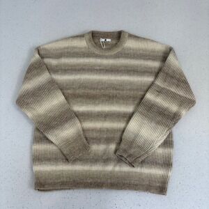 Minimalist Neutral Ribbed Knit Crewneck Sweater Oatmeal Beige Striped Normcore L
